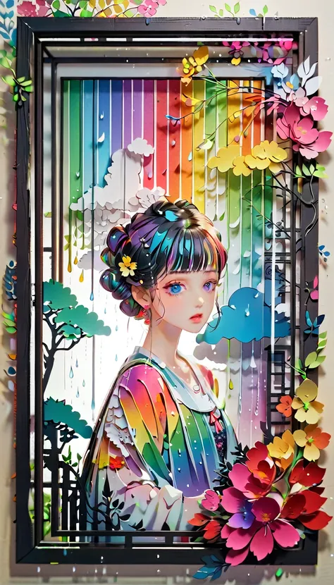 (((paper cutting style))), (frame of illustration is 3D paper cutting: 1.2), (random fashion), (random angle), (random hairstyle), (random hair color), (random hair length), 1 girl, rainbow, rain, unclear