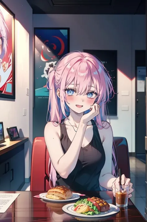 miyakoshikimori, miyako shikimori, Long Hair, blue eyes, Hair between the eyes, Pink Hair,ribbon, red ribbon,blush,smile,Open your mouth,Squint your eyes,black tank top shirt,Shorts,Sitting in a chair,There is food on the table,So that the whole body goes ...