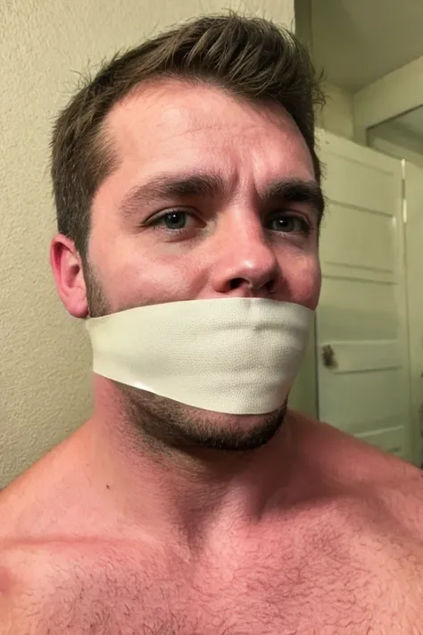 handsome middle aged man, slightly fat, stubble, bearded, hairy chest, short brown hair, looking at viewer, sad, tape gag, tape ...