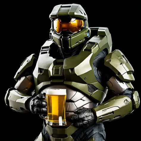 Master Chief with beer belly , dramatic lighting, dark background   