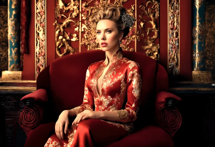 a woman (Scarlett Johansson Age 25), wearing an ornate cheongsam dress, detailed facial features, beautiful eyes, expressive lips, long eyelashes,beautiful skin,elegant hairstyle,feudal china setting,merchant family manor,greeting imperial emissaries,drama...