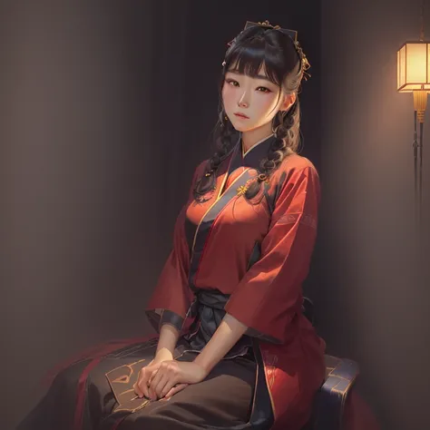 Drawing of a lady sitting cross-legged on a chair, 4K drawing, author：Tang Shan-yun, Drawn by a Japanese anime artist, Traditional style, Gu Weiss, Mask drawing. masterpiece, Beautiful character painting, Very detailed and beautiful fan art, author Jeong S...