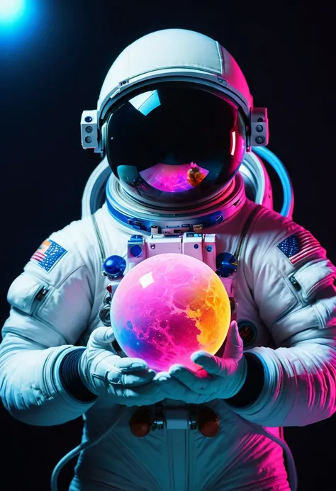 A Chinese astronaut holds a planet in his arms，close up，Glowing fluorescent feeling，Transparency，dream，Monets color scheme，Texture Matte，high quality，High Definition,Rose red，blue，Neon light，black background，