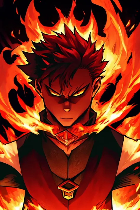 a young man with strong red hair, spiky hair, look of fury, kitsune mouth mask, fury fox, blood red fire.