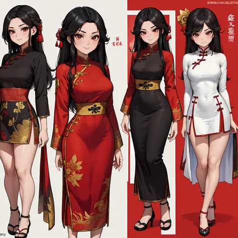 masterpiece, UHD, 4k, highres, ultra highres, hd, best quality, anime screencap, lineart, (1girl), smile, character design sheet, reference sheet, cheongsam, (red cheongsam), wearing chinese red cheongsam, black hair, long hair, (simple background), ((whit...