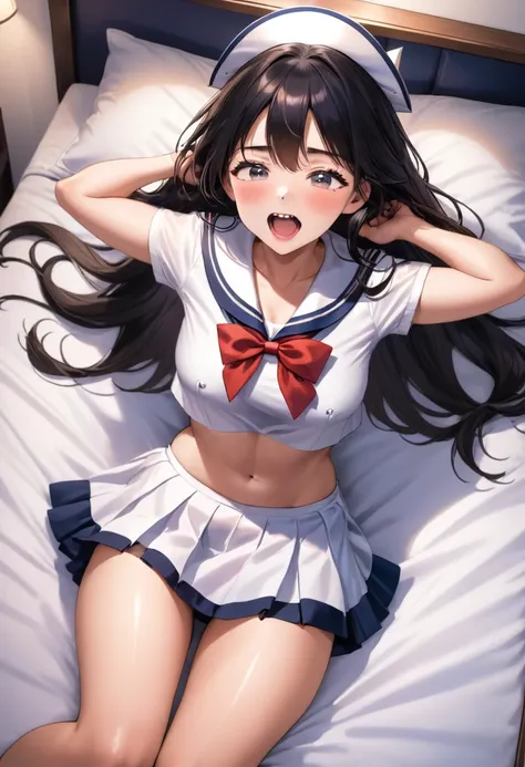 A woman is pushed down on the bed and looks embarrassed, on her back, wearing a sailor suit, breasts visible, skirt pulled up for sex, panties visible, missionary position, erotic face,POV, mouth wide open and screaming, face Blushing, pleasure face.