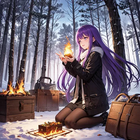 Purple Hair，Long hair，Purple Flame，Winter Clothing，winter，picnic，Magic forest with flaming leaves