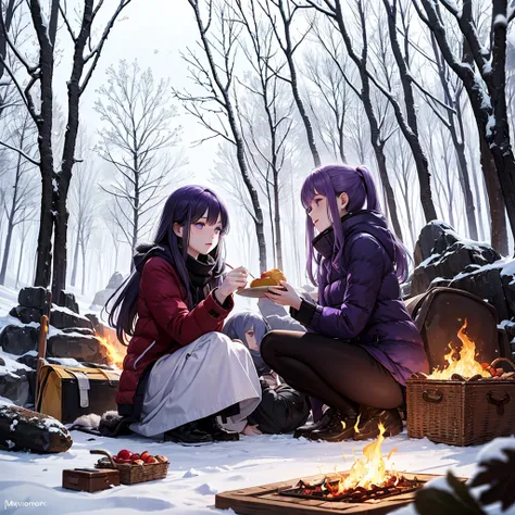 Purple Hair，Long hair，Purple Flame，Winter Clothing，winter，picnic，Magic forest with flaming leaves