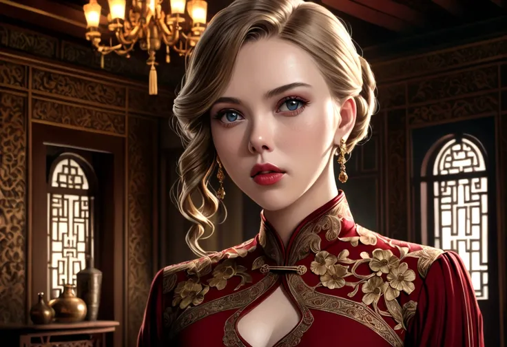 a woman (Scarlett Johansson Age 25), wearing an ornate cheongsam dress, detailed facial features, beautiful eyes, expressive lips, long eyelashes,beautiful skin,elegant hairstyle,feudal china setting,merchant family manor,greeting imperial emissaries,drama...