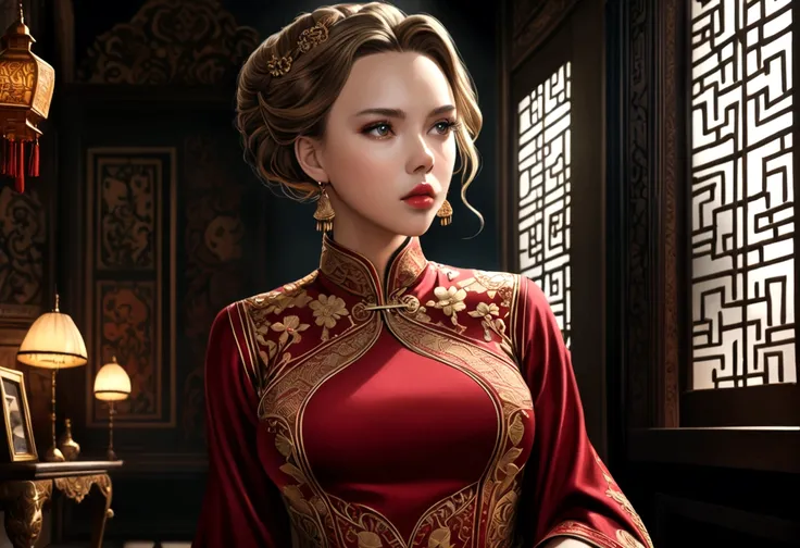 a woman (Scarlett Johansson Age 25), wearing an ornate cheongsam dress, detailed facial features, beautiful eyes, expressive lips, long eyelashes,beautiful skin,elegant hairstyle,feudal china setting,merchant family manor,greeting imperial emissaries,drama...