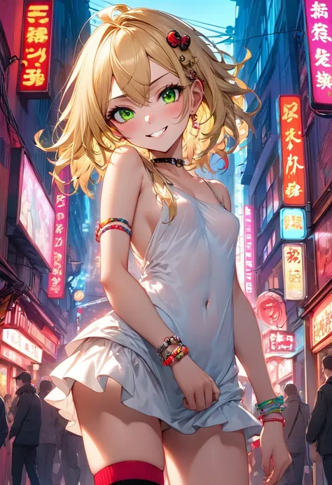 A mischievous girl with a sly grin, standing in a busy city. She has sharp, narrow eyes giving a teasing look, and her eyebrows are raised in a playful manner. She wears a  with a playful twist:, funky socks, and a few quirky accessories like bracelets and...