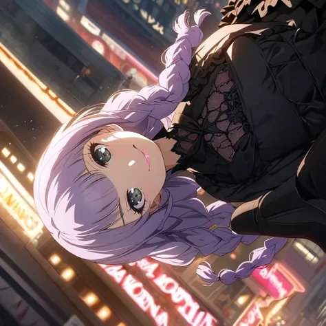 a masterpiece, beautiful eyes, a beautiful face, beautiful depiction, details, solid blue Skyscrapers background, ultra detailed, 8K, (Cute a girl:1.5), (masterpiece:1.3), anime visual, (Black gothic lolita outfit, black boots, black parasol, sideways, loo...