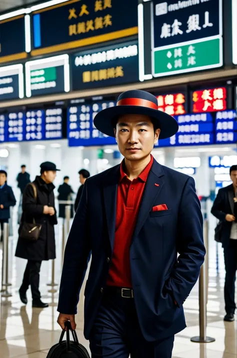 A Chinese man with a Chinese hat , in an airport