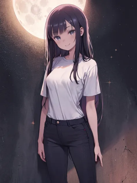 Very detailed, Long Hair, A kind smile. Red tight T-shirt , Intricate glitter short jeans, Leaning against a wall. Dark Ambient. Background Moon. Full Shot. Long-distance shot, beautiful girl