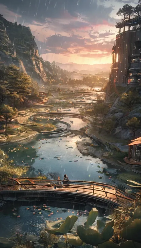 masterpiece, Best quality, Stunning details, Enjoy the future, Cyberpunk 2077 Wide Angle, 8K, Local blurring, lake, valley, Creek, Takayama, Weathered granite, hillside, Lakeside, Oval building (streamline, Lotus shape design, Transparent appearance, Metal...