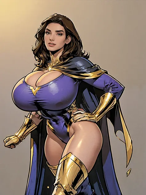 Gorgeous and sultry busty athletic (thin) brunette with sharp facial features and a (large nose) and (huge boobs) wearing a white and gold superhero leotard, cape, gloves, thigh-high boots