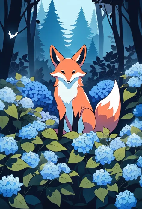 A fox with antlers and wings, cryptid, creature, sitting amongst hydrangeas, no people just a fox