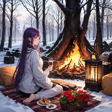 Purple Hair，Long hair，Purple Flame，Winter Clothing，winter，picnic，Fire Tree Forest，Red flower made of flames