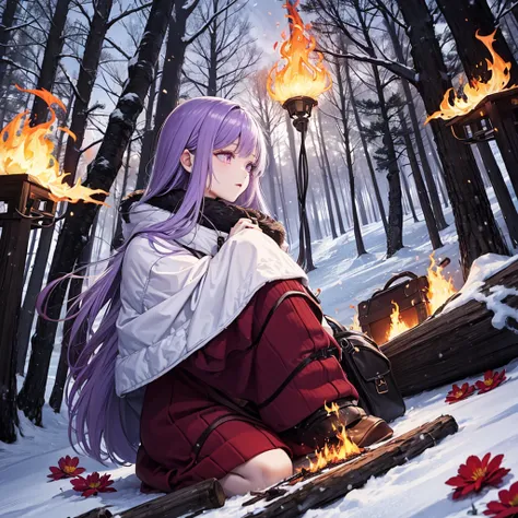 Purple Hair，Long hair，Purple Flame，Winter Clothing，winter，picnic，Fire Tree Forest，Red flower made of flames