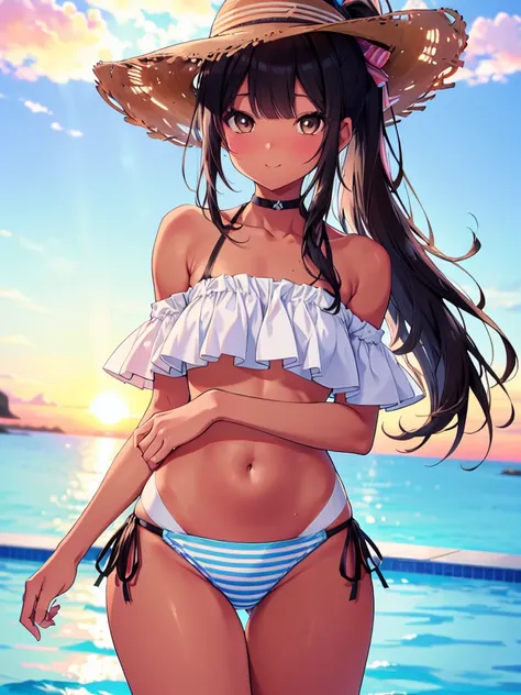 (cowboy shot), (ultra-high resolution, depth of field:1.2), 1woman, medium breasts, (tan skin:1.4), brown eyes, (long straight black hair), ponytail, bangs, off-shoulder bikini, light pink bikini, light blue chocker, (light blue stripes), tight strap, gent...