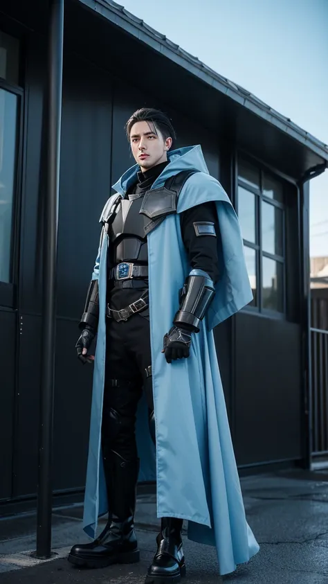 anime style, adult caucasian man, with futuristic black and light blue military armor, with a blue cloak, with black boots, with black eyes with red pupils, with black gloves, with long black hair, on the roof of a building, full body image