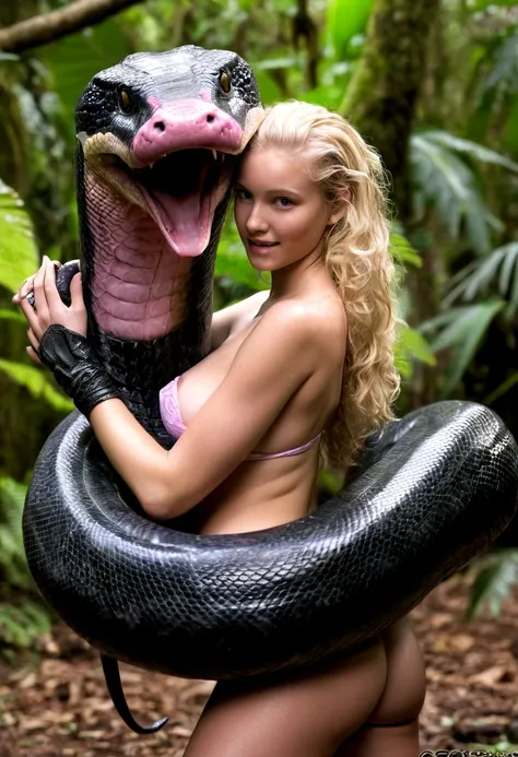   Topless  pink thong wearing aroused horny beautiful happy young blonde teen girl vs  Giant colossal black anaconda monster wrapped around her body squeezing her in coiled embrace cuddling and kissing  sexual erotic bestiality  sex  realistic in the rainf...