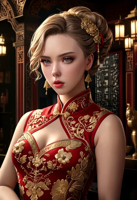 a woman (Scarlett Johansson Age 25), wearing an ornate cheongsam dress, detailed facial features, beautiful eyes, expressive lips, long eyelashes,beautiful skin,elegant hairstyle,feudal china setting,merchant family manor,greeting imperial emissaries,drama...