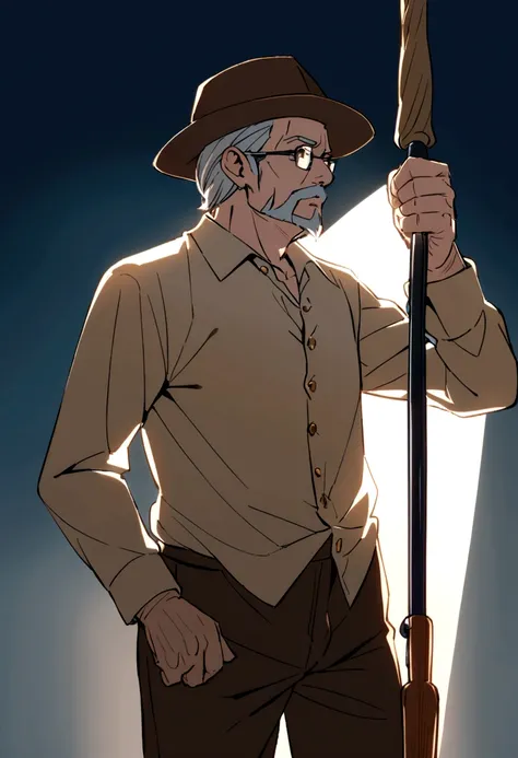 70 year old man, silver hair, goatee, brown hat, Caucasian, fawn buttoned shirt, brown shorts, dark blue fishing rod