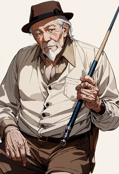 70 year old man, silver hair, goatee, brown hat, Caucasian, fawn buttoned shirt, brown shorts, dark blue fishing rod