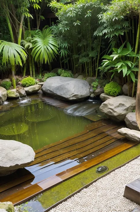 This photo shows a bamboo water feature called a bamboo suikoto installed in a tranquil Japanese garden. These traditional water features are made of bamboo knots, usually connected in a balanced arrangement. A constant stream of water flows in from the to...