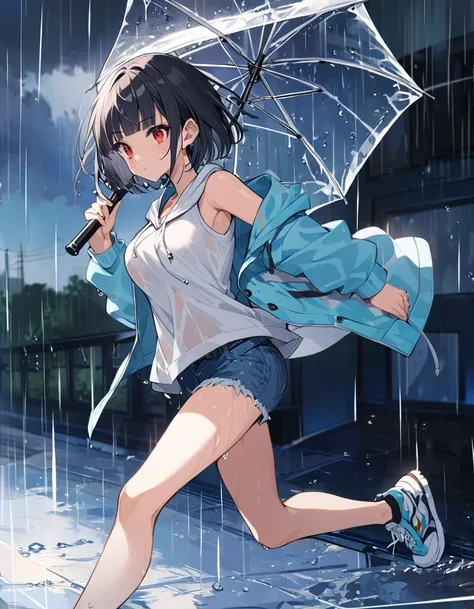 Shinkai Makoto style drawing,1girl,solo,blunt bangs,19yo,short hair,large breasts,black hair,red eyes, white_sleeveless_hoodie,denim_short-shorts,sneakers, wet,she is running in the sky,rain,panorama view,