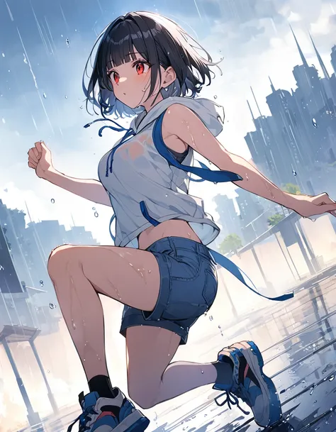 Shinkai Makoto style drawing,1girl,solo,blunt bangs,19yo,short hair,large breasts,black hair,red eyes, white_sleeveless_hoodie,denim_short-shorts,sneakers, wet,she is running in the sky,rain,panorama view,