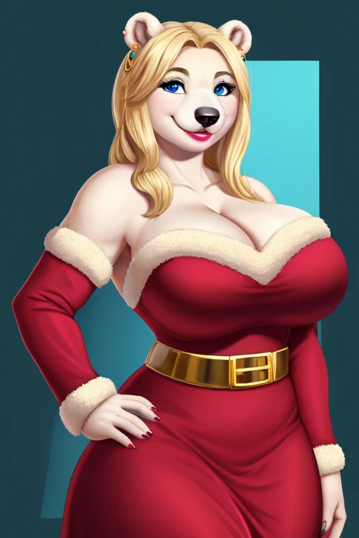 Blonde polar bear woman, wearing a backless Santa dress, perfect face, blue eyes, big breasts, cleavage, three-quarter view, solo, smile, perfect detailed body, pink lipstick, hand on hips, gold earring,