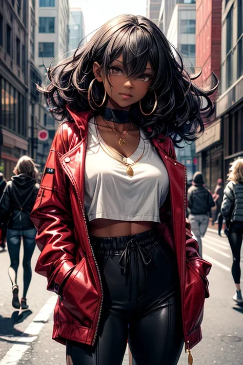 an anime-style digital illustration of a striking young dark skin woman , thick and curly jet-black hair with dark brown highlights cascading in loose waves down to her waist, and a rich, warm brown skin tone glowing with a healthy, radiant undertone, stan...