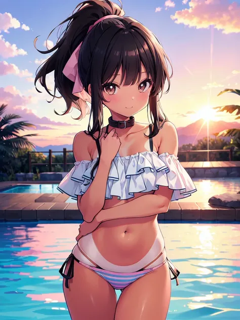 (cowboy shot), (ultra-high resolution, depth of field:1.2), 1woman, (medium breasts), (tan skin:1.4), brown eyes, (long straight black hair), ponytail, bangs, off-shoulder bikini, (light pink bikini), collar, (light blue stripes), tight strap, gentle smile...