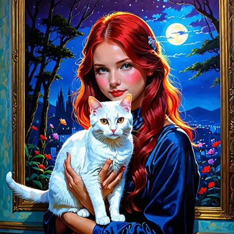 (masterpiece, best quality:1.2),rays of black light, 1 girl, Solitary，There is a white cat next to me，There is a red hairpin on the cat&#39;s head