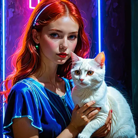 (masterpiece, best quality:1.2),rays of black light, 1 girl, Solitary，There is a white cat next to me，There is a red hairpin on the cat&#39;s head