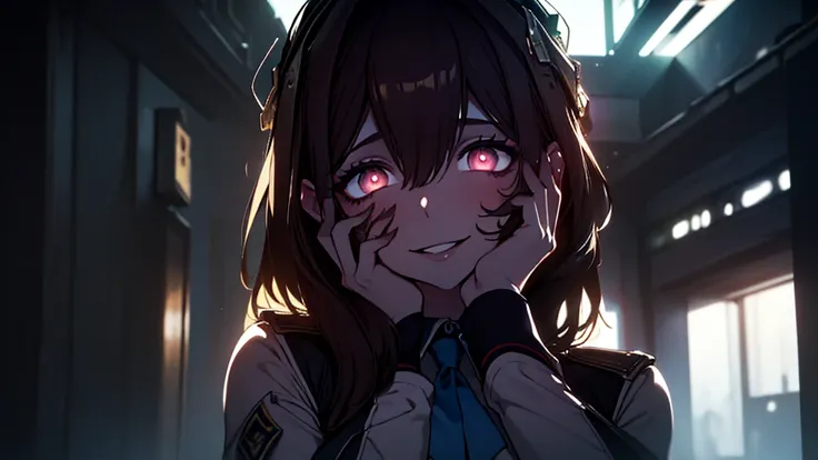 ((Best quality)), ((masterpiece)), (detailed:1.4), 3D, an image of a beautiful cyberpunk female, Yandere , Yandere Face , Trance , Trance Eyes , yameroyandere , constricted pupils , yandere , empty eyes . shaded face , crazy eyes , glowing brown eyes , cra...