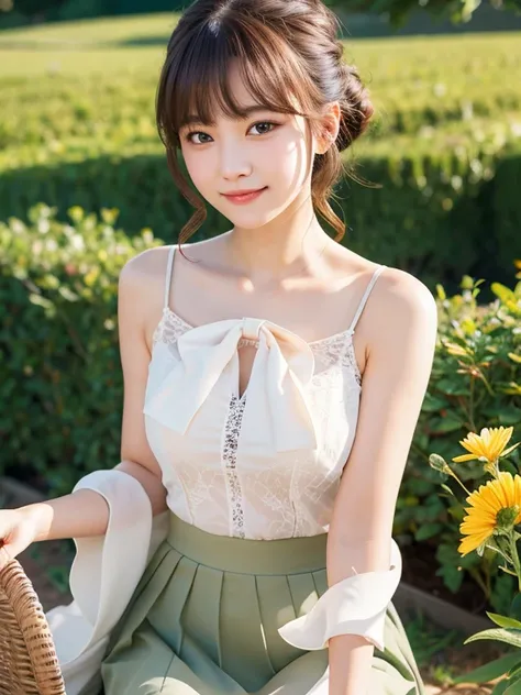 Medium display, Medium Shot, Depth of written boundary, bust, Upper Body, Movie angle, masterpiece, Highest quality, Very detailed, CG, 8k wallpaper, Beautiful Face, Delicate eyes, country々, alone, smile, bangs, skirt, shirt, Have, dress, bow, petal, bouqu...