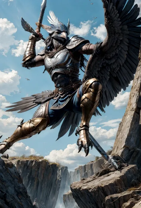 Imagine in stunning 8K cinematic detail, a formidable Spartan warrior with the face of a bird. His avian features include a razor-sharp beak and piercing eyes like those of an eagle, captured in full HD clarity. His feathers are a brilliant golden hue, shi...