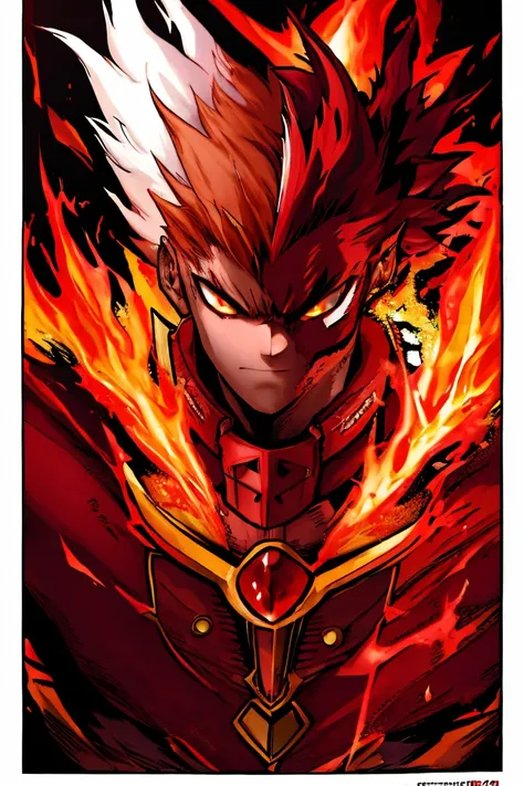 a young man with strong red hair, spiky hair, look of fury, kitsune mouth mask, fury fox, blood red fire.