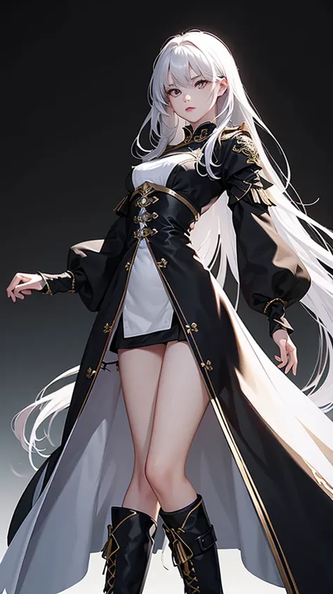 game design，beautiful, best quality,1 Girl, Looking at the audience, Female Warrior，detail，（DNF） ((Strong contrast)),，Wearing a black dress，boots，White long hair。（（White background））Standing posture。