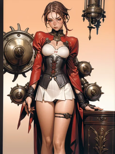 (((red suit))), red is the predominant color, ((love the league))), ((( red victorian corset ))), 1 girl, (((standing alone))), Poster, Russian propaganda style, pirralha violent, 14歳, sexy, pose de atitude, work of art, post-apocalypse, (((manga style))),...