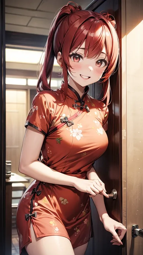 ore no imouto ga konna ni kawaii wake ga nai, 25-yers-old girl with crimson red hair- pulled up into twin ponytails, wearing a rainbow cheongsam, hallway background, upper body, smiling 