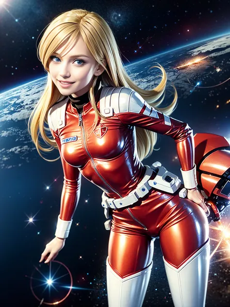 1 young woman, 25 years, very blonde, smiling, blue eyes, long messy hair, big, perfect anatomy, flat chest, full red space suit...