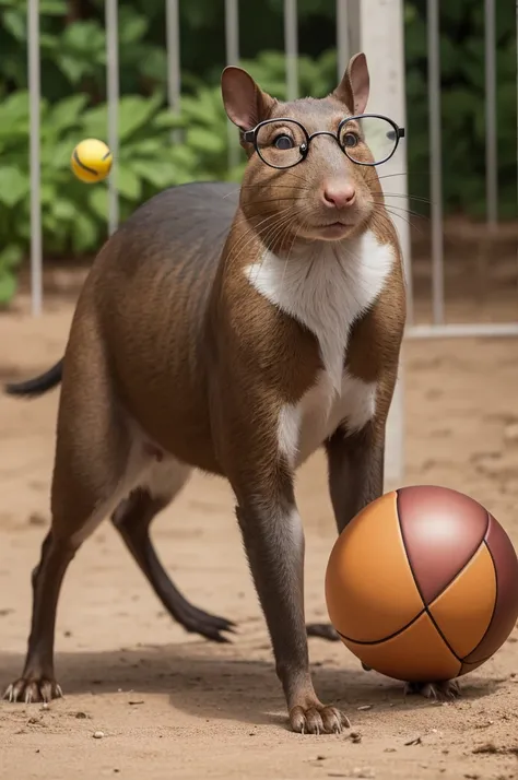 Animal agouti with glasses playing ball
