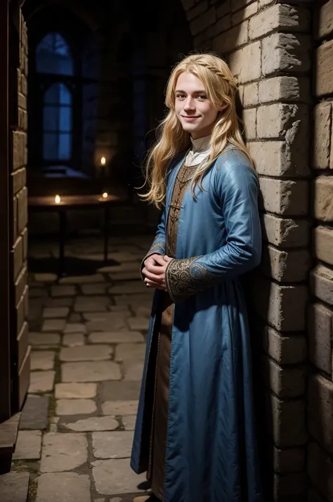 , medieval ages, medieval noble clothing, cute, blonde hair, blue eyes, alone, in the shadows, nighttime, smiling.