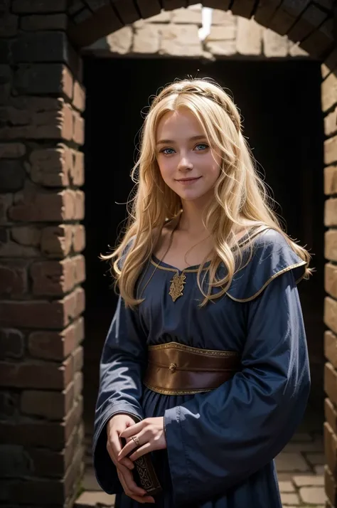 , medieval ages, medieval noble clothing, cute, blonde hair, blue eyes, alone, in the shadows, nighttime, smiling.