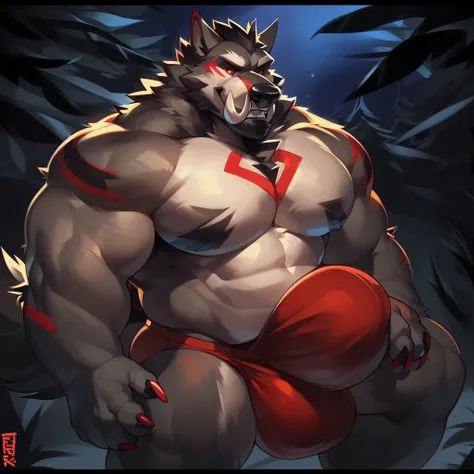 Solo, male (((giant, tall, wolf, werewolf, red eyes, grey body, Muscular, broad shoulders, hyper pecs, huge pecs, huge muscles, muscular arms, muscular thighs, abs, 6 pack, sharp teeth, black chest hair, black nose, tail, tusks, clawed hands, clawed feet, ...