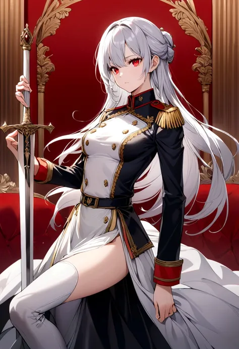 silver hair girl, red eyes, medium breasts, sexy body, military uniform ((detail)), carrying a sword, graceful position ((gallant)), ((Royal background))